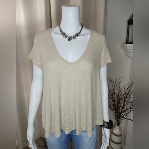 LUSH RIBBED V NECK TOP, TAN M